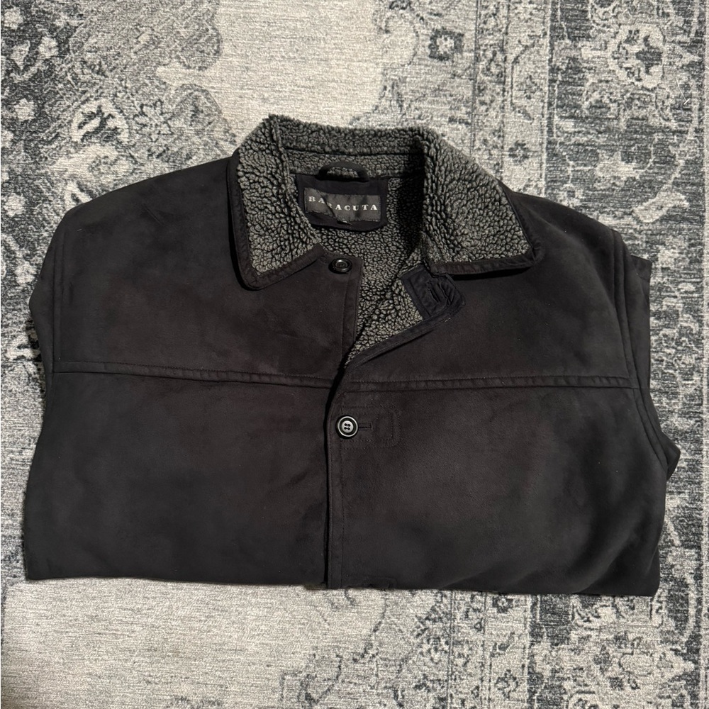 Black suede Baracuta jacket with grey fur lining jacket. Missing a button.
